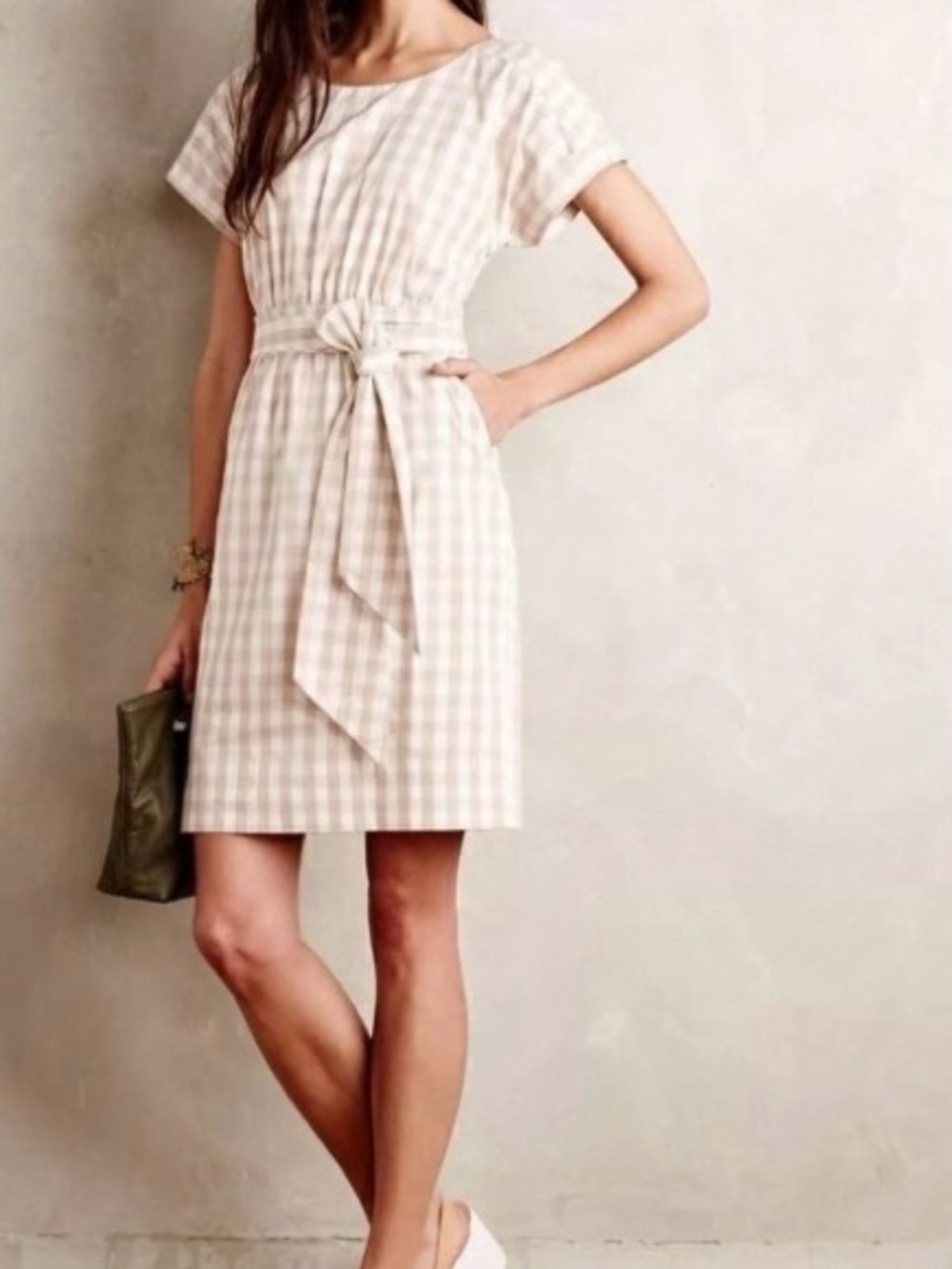 HD in Paris size 8‎ Checkered Poplin Tie Belt Dress Tan Beige White Side Zip